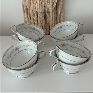 Noritake Fairmont White & Silver Teacups SET OF 8 interior floral pattern Japan
